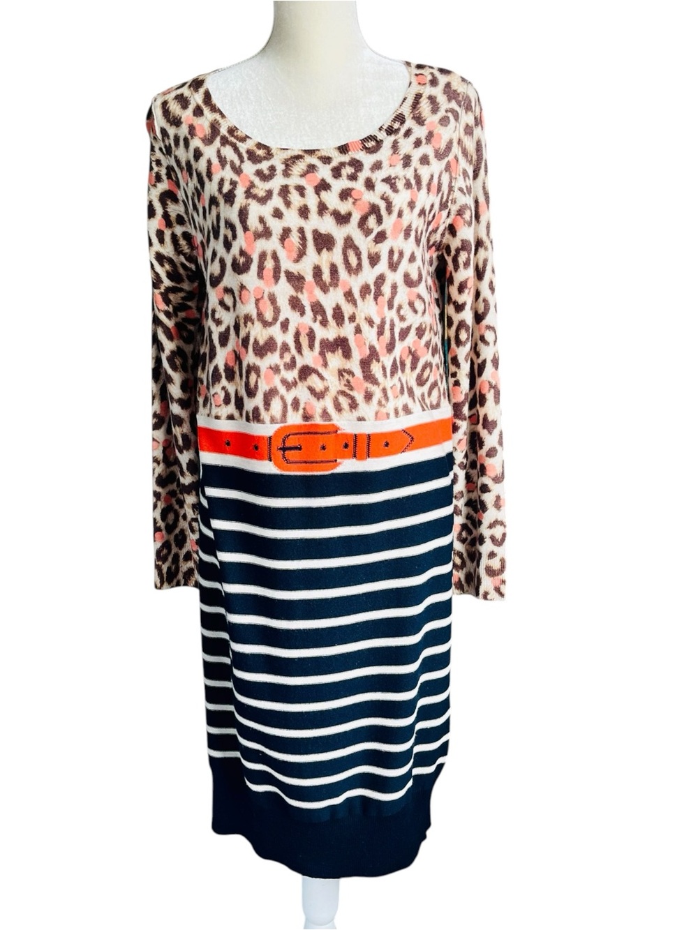 Sonia By Sonia Rykiel 100% Wool Dress XL Leopard Stripe Knit Midi Designer